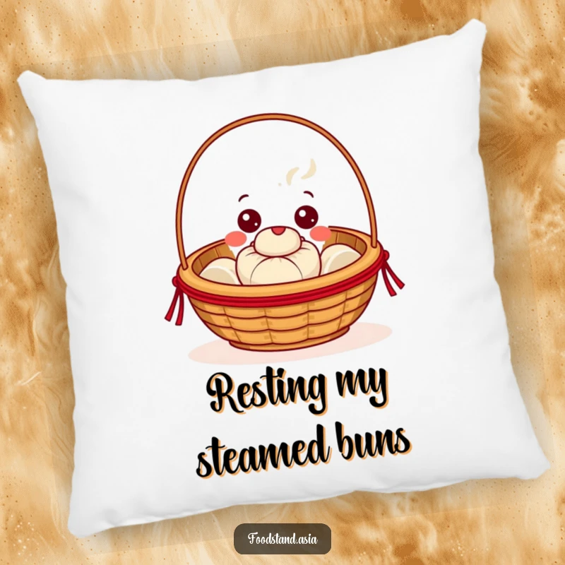 Funny Dim Sum Pillow featuring a beaming basket with cheerful eyes offering a steaming bun, soft and humorous decor.