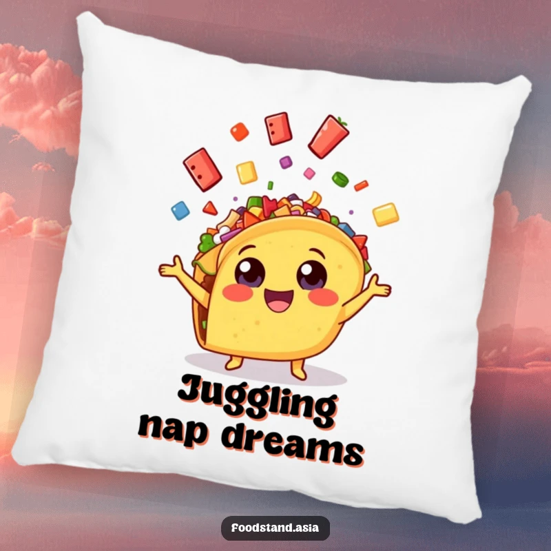 Funny cheerful taco with wide eyes, enthusiastically juggling colorful toppings, a soft and humorous decorative pillow.