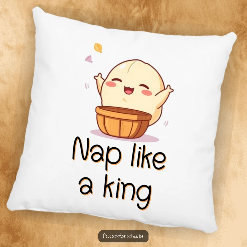Funny pillow featuring a giggling dumpling character with small arms, playfully tossing a dim sum basket, offering cozy, humorous comfort.