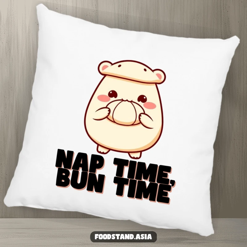 Funny pillow with a happy bao bun character, tiny hands presenting a delicious steamed bun.