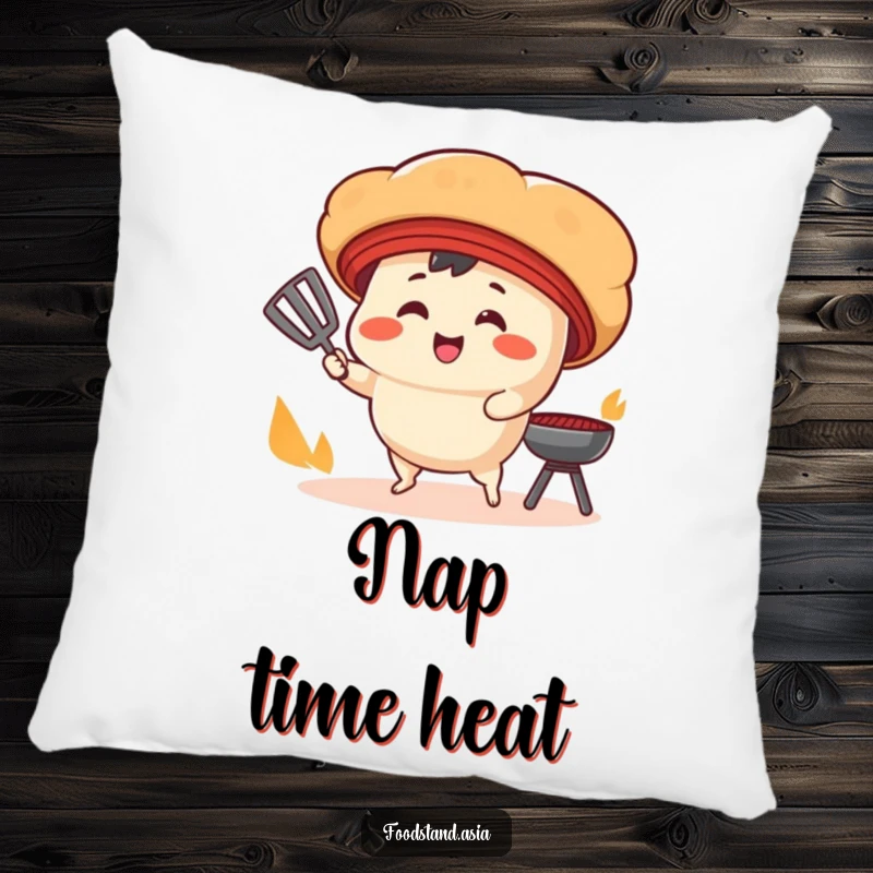 Funny Pillow: A smiling bao bun character with tiny legs fans a cooking grill, offering humorous comfort and a smoky design.