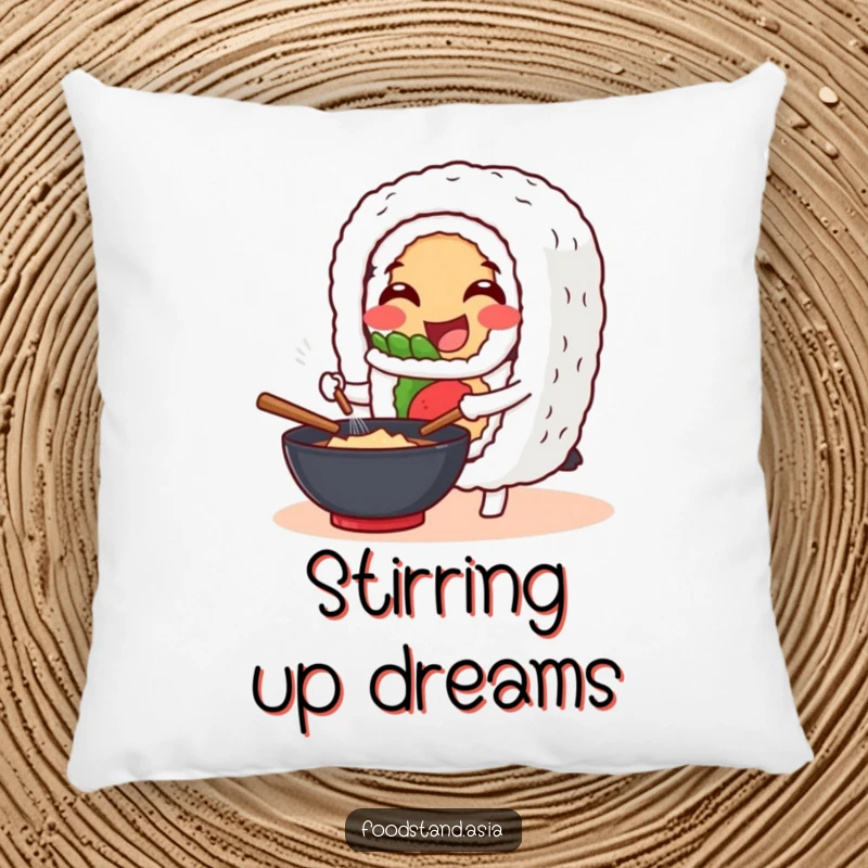 Funny Pillow: A cheerful sushi roll character happily stirs a wok, offering humorous comfort and a culinary design.