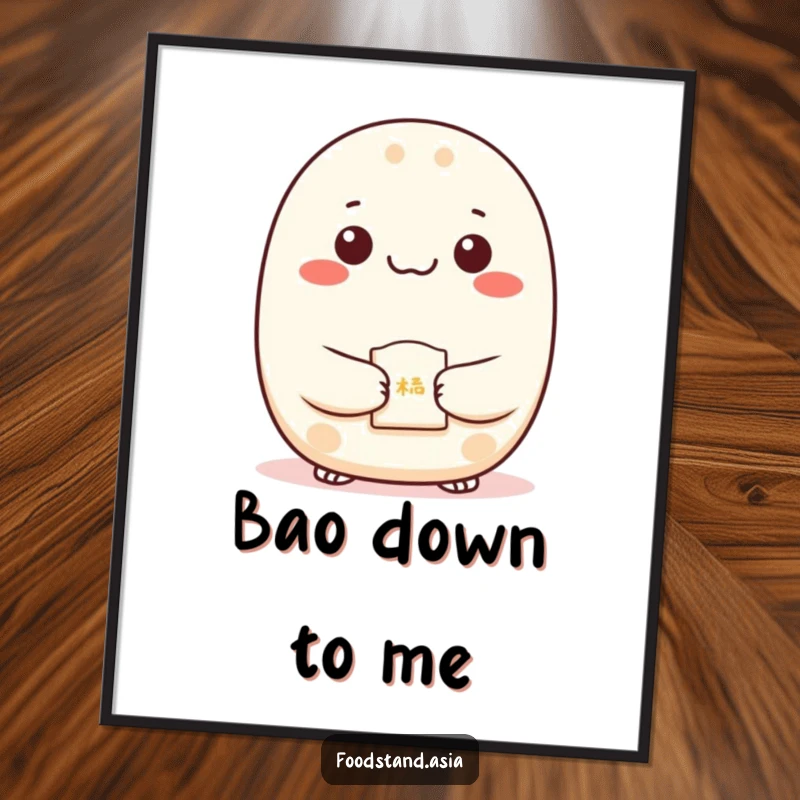 Funny Bao Digital Art Print with dots for eyes presenting a fortune cookie, printable humorous decor for luck.