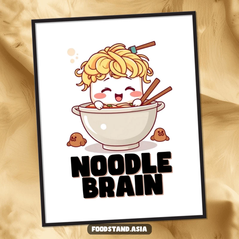 Funny digital art print of a laughing ramen bowl with flowing noodle hair, stirring a massive pot.