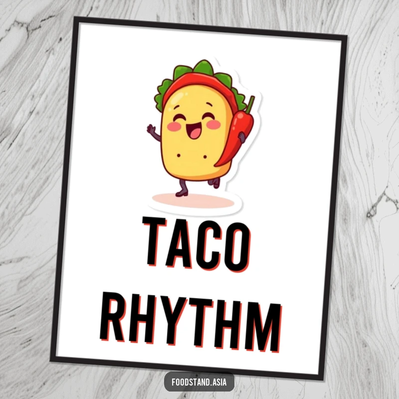Funny digital art print of a cheerful taco with little feet dancing with a chili pepper, offering instant humorous fiesta decor.
