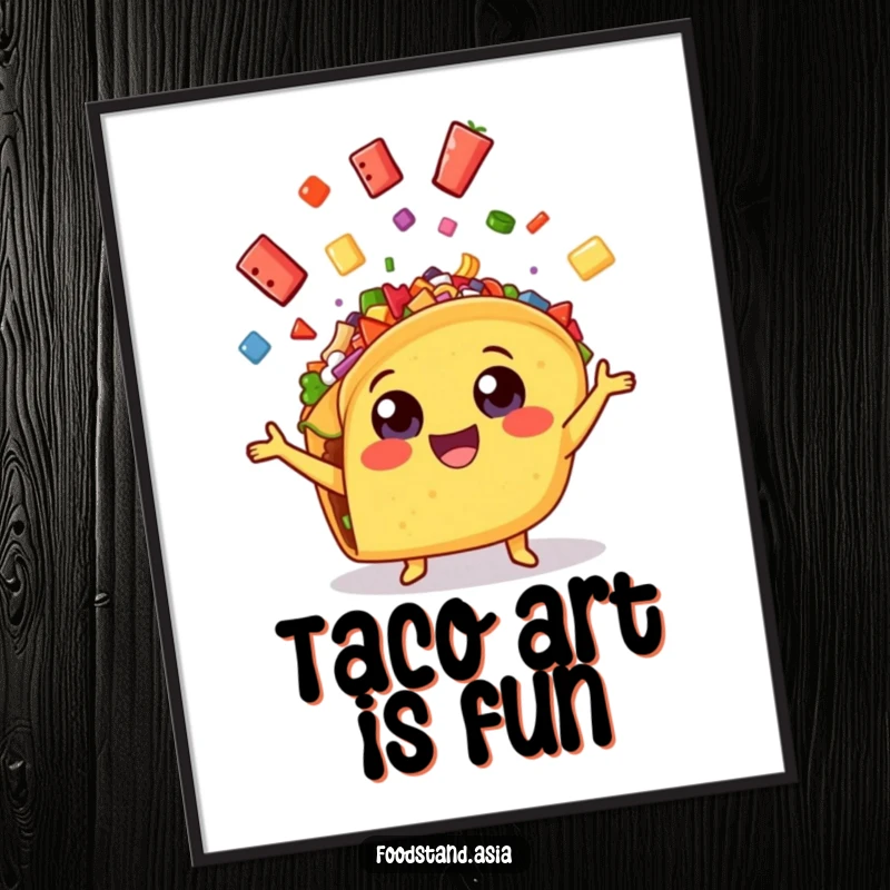 Funny cheerful taco with wide eyes, enthusiastically juggling colorful toppings, a humorous digital art print for instant decor.