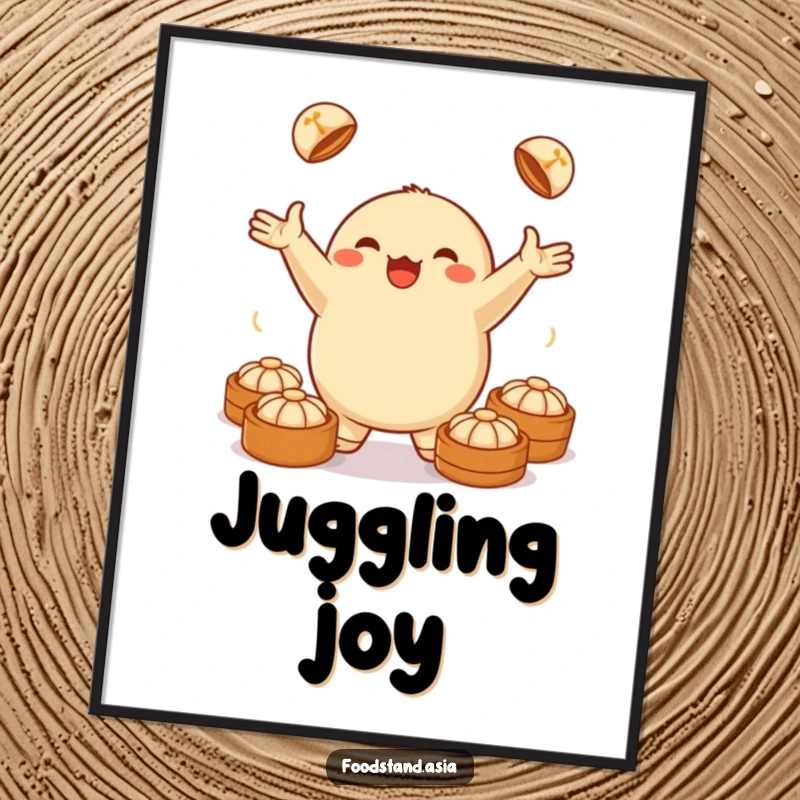 Funny digital art print of a jubilant dumpling juggling small steamed buns, offering instant humorous culinary decor.