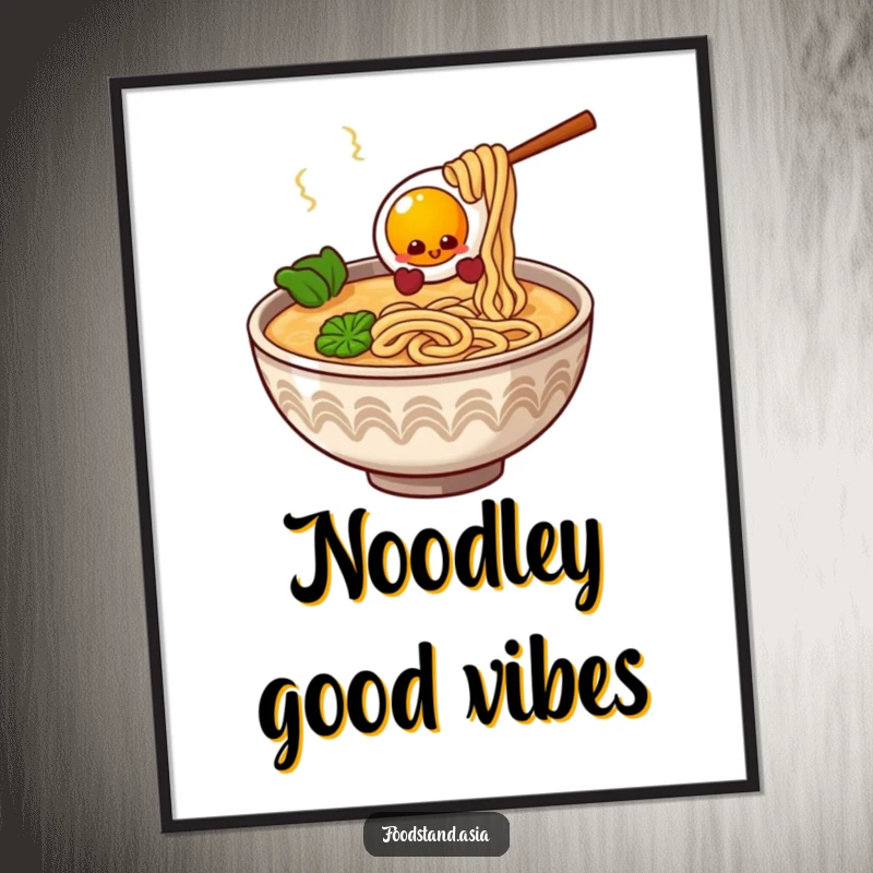Funny Ramen Bowl Digital Art Print with giggling noodles and a bouncy egg, printable humorous decor for kitchens.