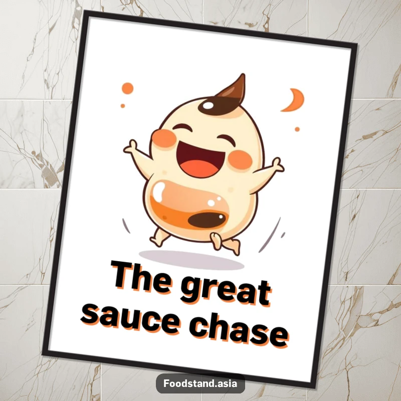 Funny Dumpling Chase Digital Art Print: a laughing dumpling with small feet playfully chasing a soy sauce bottle, perfect for instant wall decor and a fun funny gift.