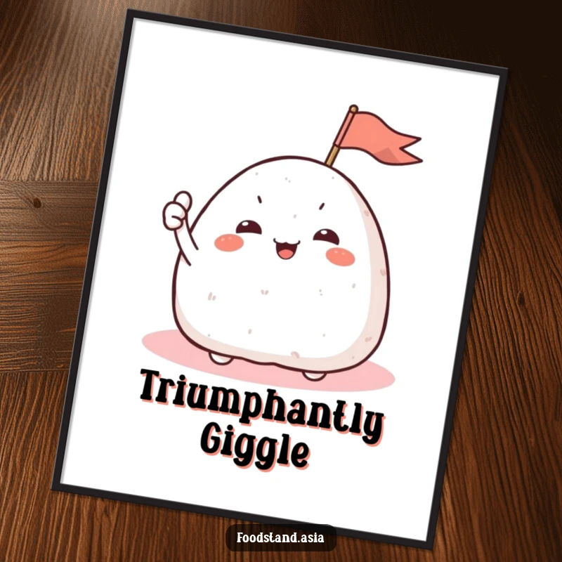 Funny Onigiri Flag Digital Art featuring a giggling rice ball character with small arms waving a tiny flag, ideal for instant decor.