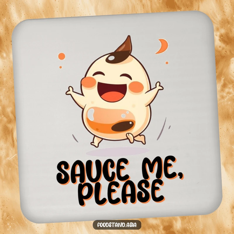 Funny Dumpling Chase Coaster with a laughing dumpling with small feet playfully chasing a soy sauce bottle, protecting surfaces with food humor, a nice funny gift.