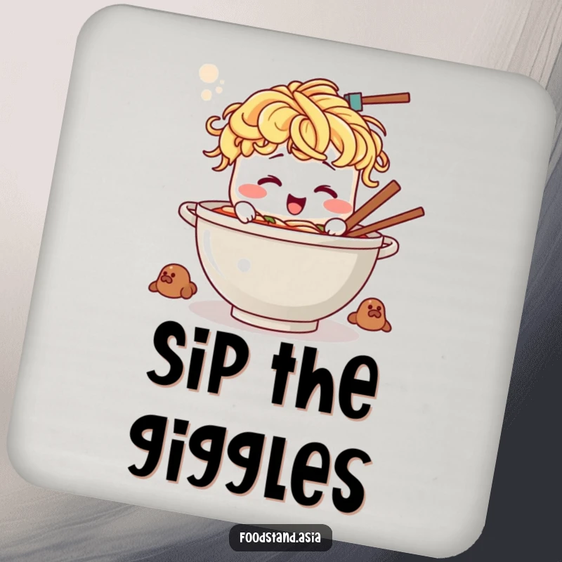 Funny ramen coaster with a giggling bowl character sporting noodle hair, stirring a large pot.