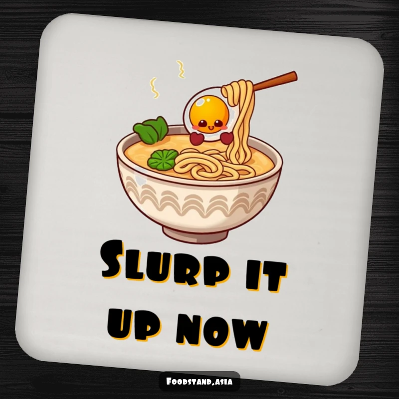 Funny Ramen Bowl Coaster with giggling noodles and a bouncy egg, humorous table protection for noodle lovers.
