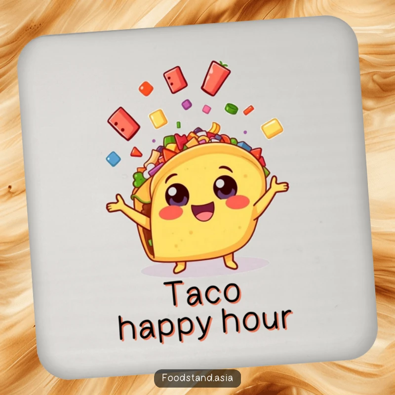 Funny cheerful taco with wide eyes, enthusiastically juggling colorful toppings, a humorous and protective drink coaster.