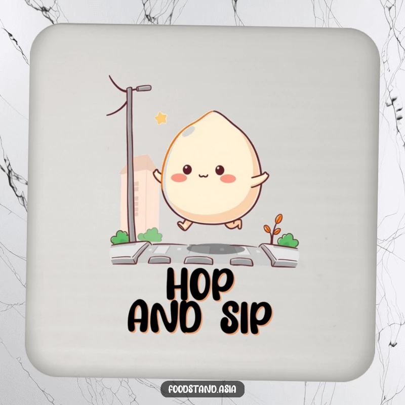 Funny Bouncing Mochi Coaster with a mochi with tiny appendages happily hopping on a street, protecting surfaces with cute humor, a nice funny gift.