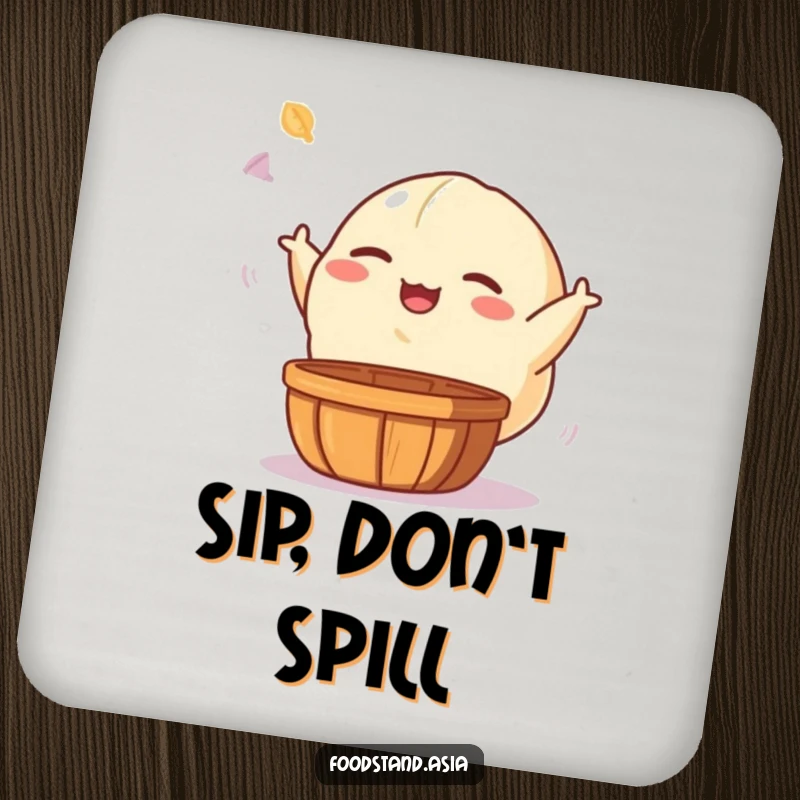 Funny drink coasters featuring a giggling dumpling character playfully tossing a dim sum basket, adding humorous protection to furniture.