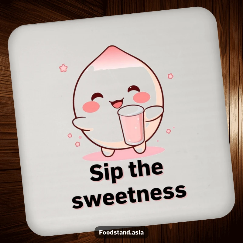 Funny drink coasters featuring a rosy-cheeked mochi character cheerfully bouncing a small boba drink, adding sweet, humorous protection to surfaces.