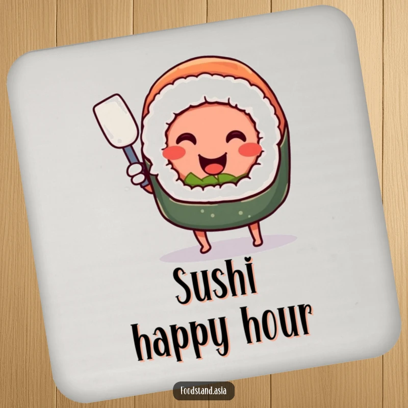 Funny smiling sushi roll with tiny legs, happily wielding a miniature spatula, a humorous and protective drink coaster.