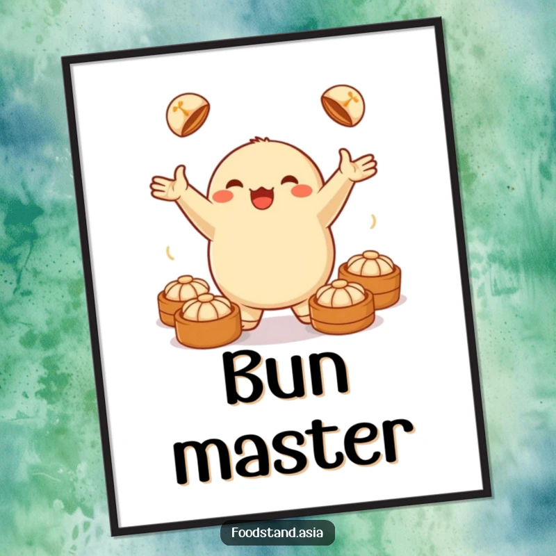 Funny poster of a jubilant anthropomorphic dumpling juggling small steamed buns, bringing a humorous culinary theme to any space.