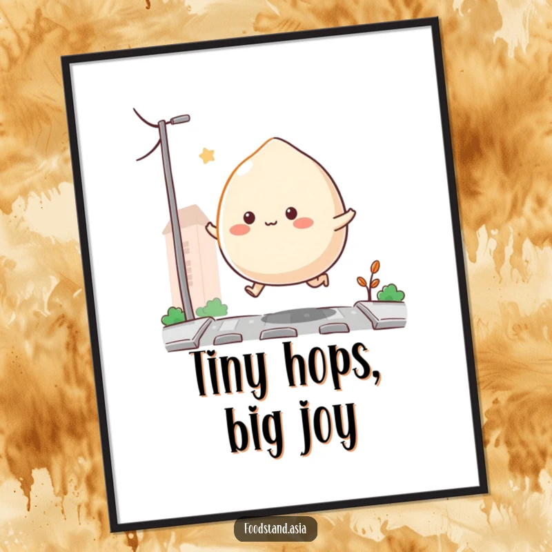 Funny Bouncing Mochi Poster depicting a mochi with tiny appendages happily hopping along a street, adding animated cuteness and humor to any wall, a great gift.