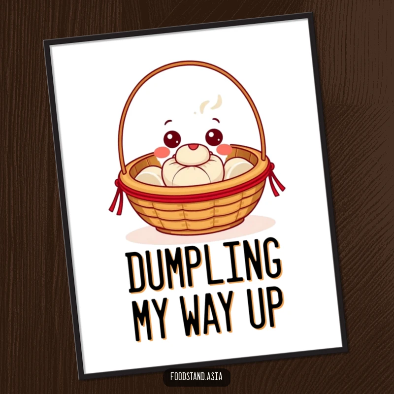 Funny Dim Sum Basket Poster, a beaming character with cheerful eyes offering a tiny steaming bun, humorous wall art for kitchens.
