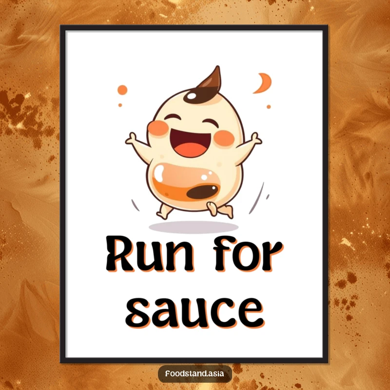 Funny Dumpling Chase Poster depicting a laughing dumpling with tiny feet in a playful pursuit of a soy sauce bottle, adding animated humor to any wall, a great gift.
