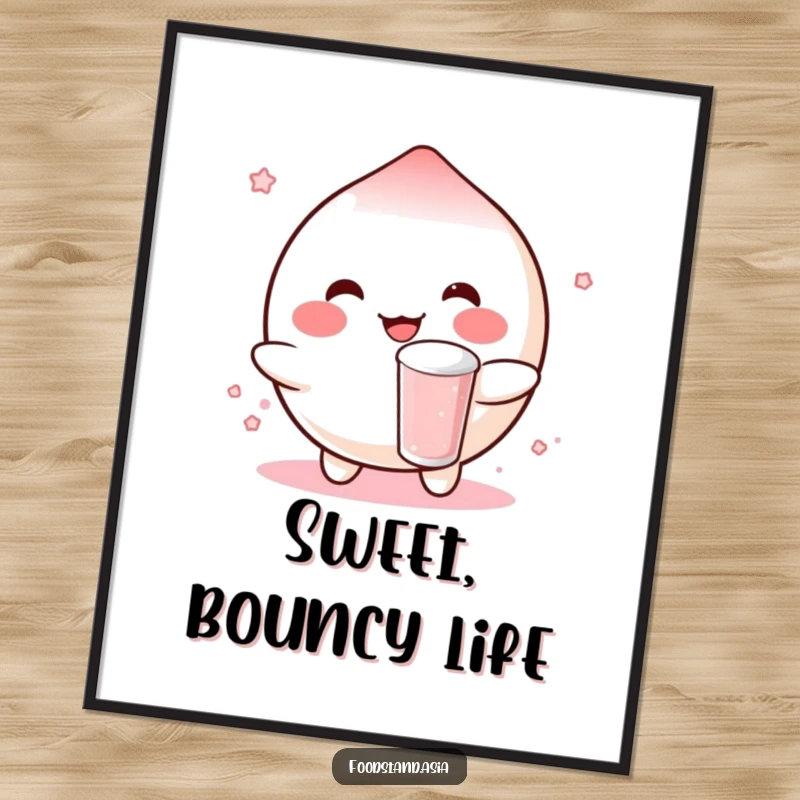 Funny poster depicting a rosy-cheeked mochi character happily bouncing a small boba drink, adding sweet and cheerful wall decor.