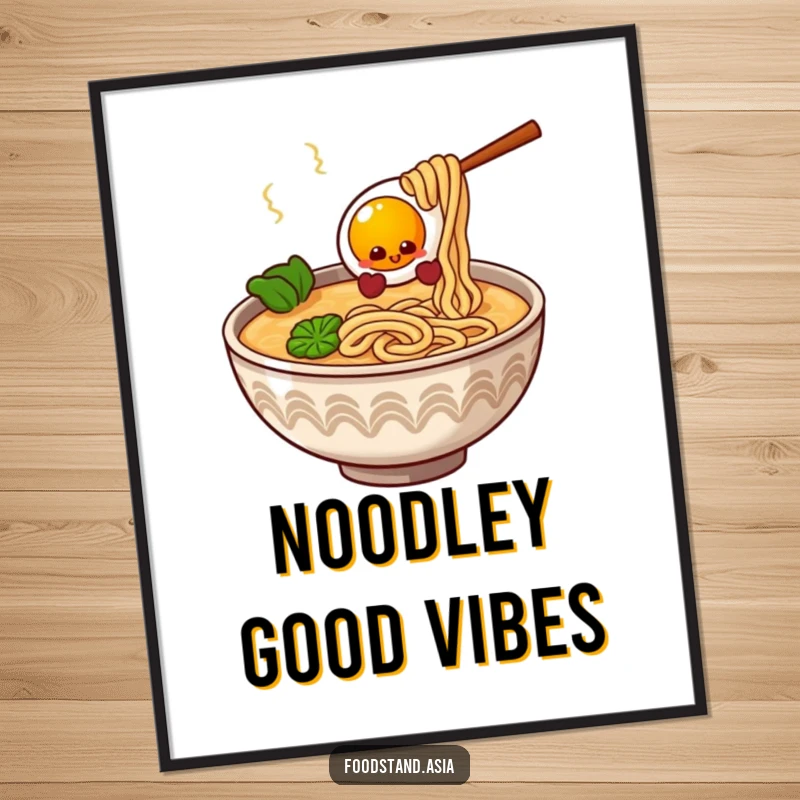 Funny Ramen Bowl Poster with giggling noodles and a bouncy egg, humorous wall art for kitchens and dining areas.