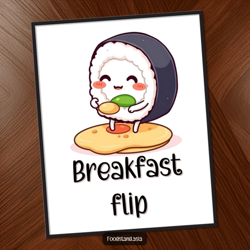 Funny poster of a smiling anthropomorphic sushi roll flipping a pancake, bringing a humorous culinary theme to any space.