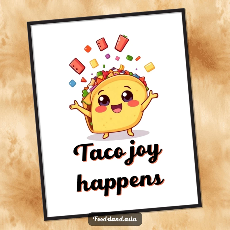 Funny cheerful taco with wide eyes, enthusiastically juggling colorful toppings, a humorous and vibrant art print.