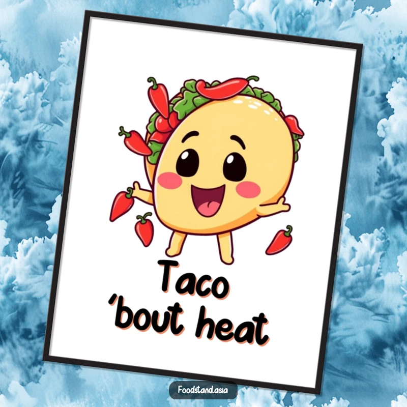 Funny poster depicting a grinning taco character juggling mini chili peppers, adding a touch of playful Mexican-inspired art.