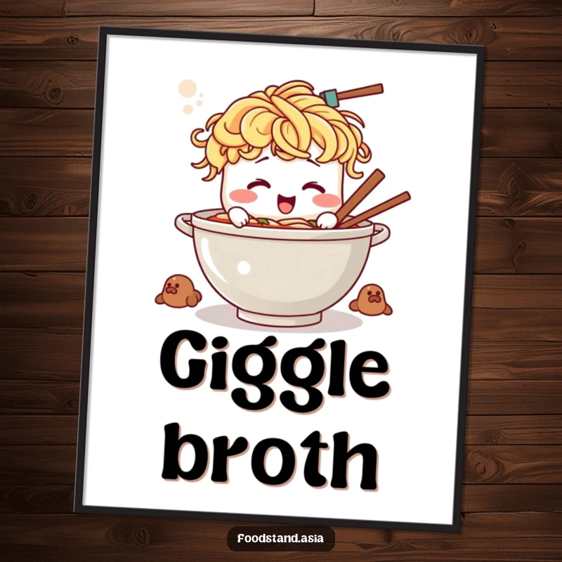 Funny ramen poster featuring a laughing anthropomorphic bowl with spaghetti hair, enthusiastically stirring a giant pot.