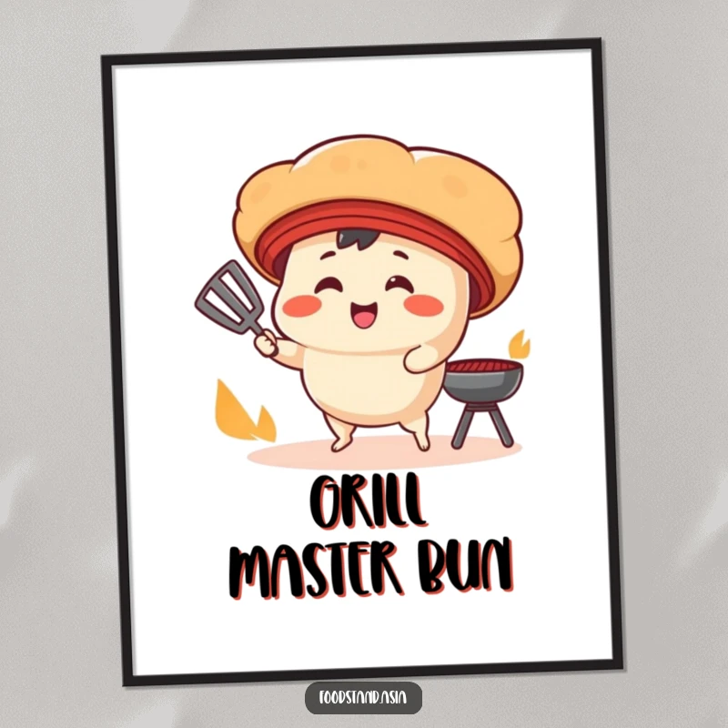 Funny Poster: A smiling bao bun character with tiny legs fans a cooking grill, creating a humorous and delicious art piece.