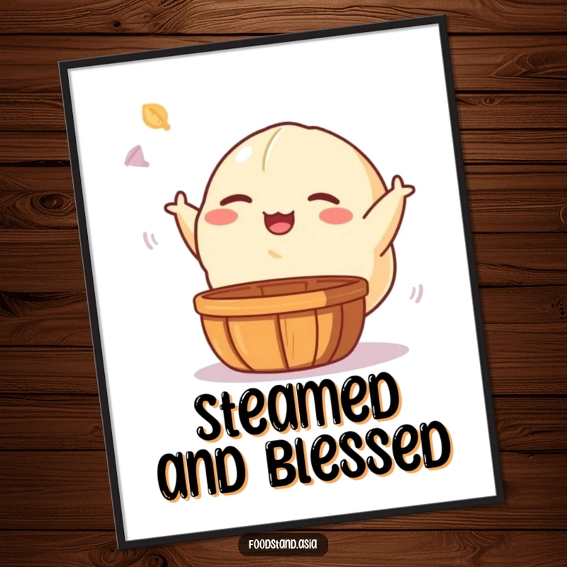 Funny poster of a giggling dumpling character with small arms, playfully tossing a dim sum basket, adding whimsical foodie art to any room.