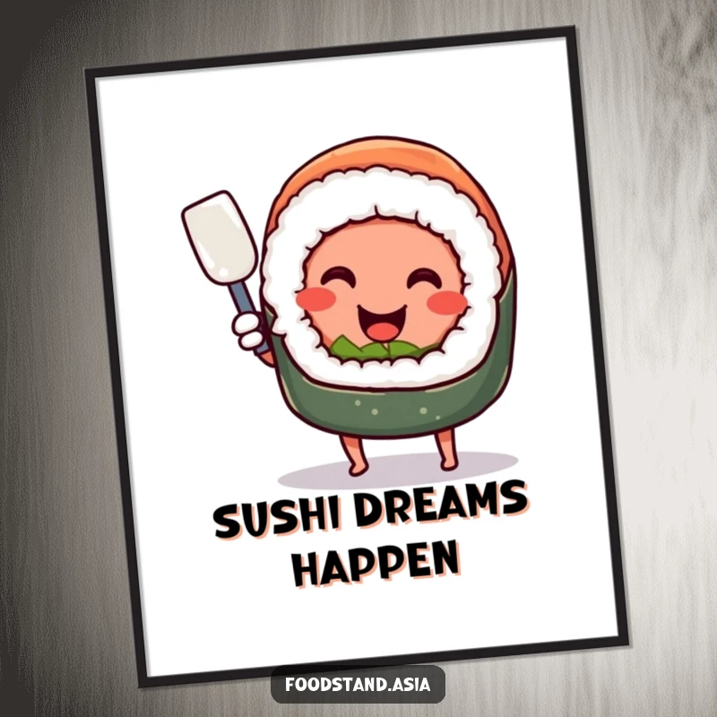 Funny smiling sushi roll with tiny legs, happily wielding a miniature spatula, a humorous and vibrant art print.