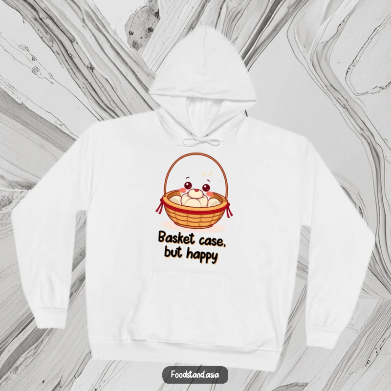 Funny Dim Sum Basket Hoodie, a beaming character with cheerful eyes offering a steaming bun, perfect cozy and humorous apparel.
