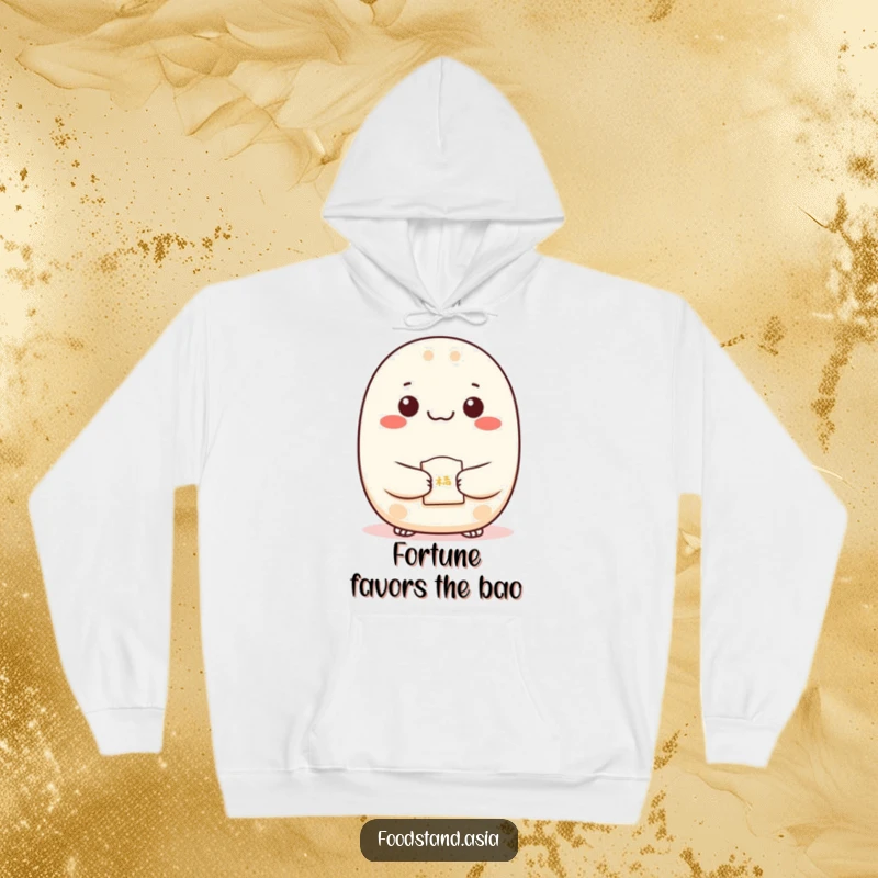 Funny Bao Hoodie, a content character with dots for eyes presenting a fortune cookie, comfortable and humorous apparel.