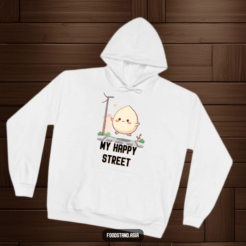 Funny Bouncing Mochi Hoodie showing a cheerful mochi with tiny appendages hopping down a street, offering warmth and a dose of cute fun, a lovely funny gift.