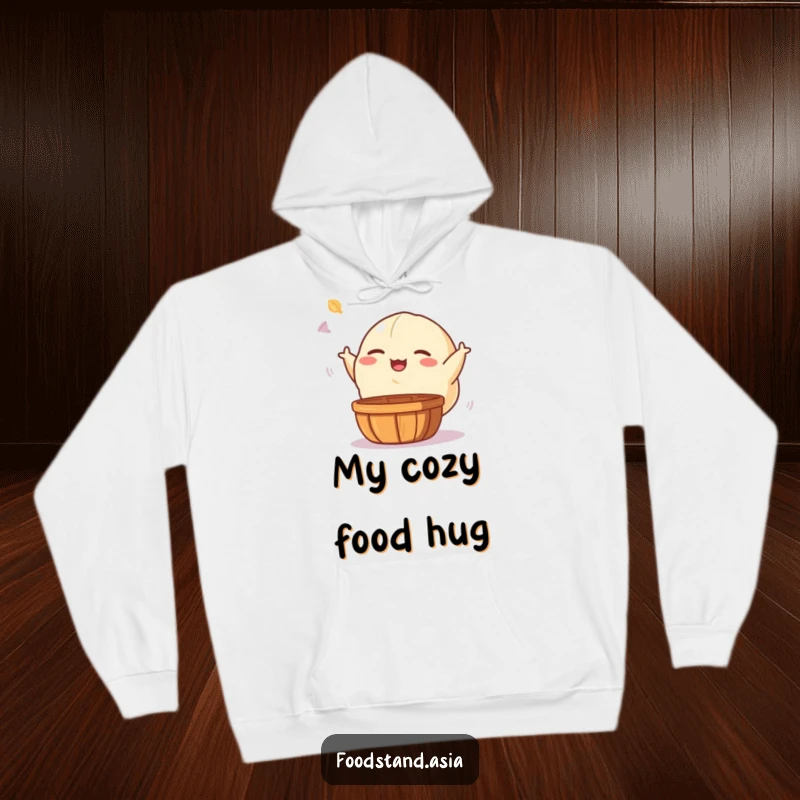 Funny hoodie showcasing a giggling dumpling with tiny arms, playfully tossing a dim sum basket, ideal for cozy, humorous moments.