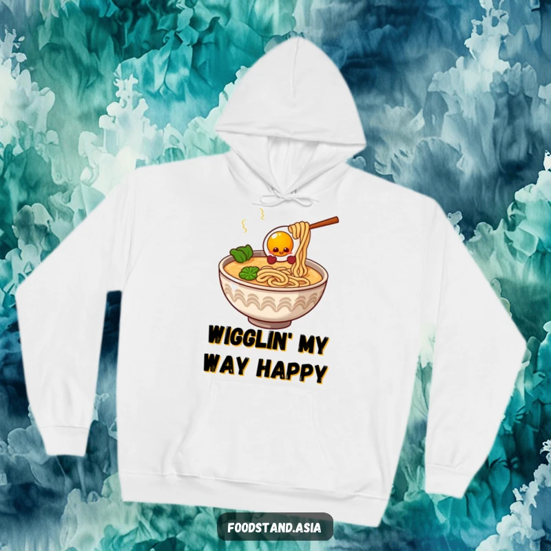 Funny Ramen Bowl Hoodie with giggling noodles and a bouncy egg, comfortable and humorous apparel for noodle enthusiasts.