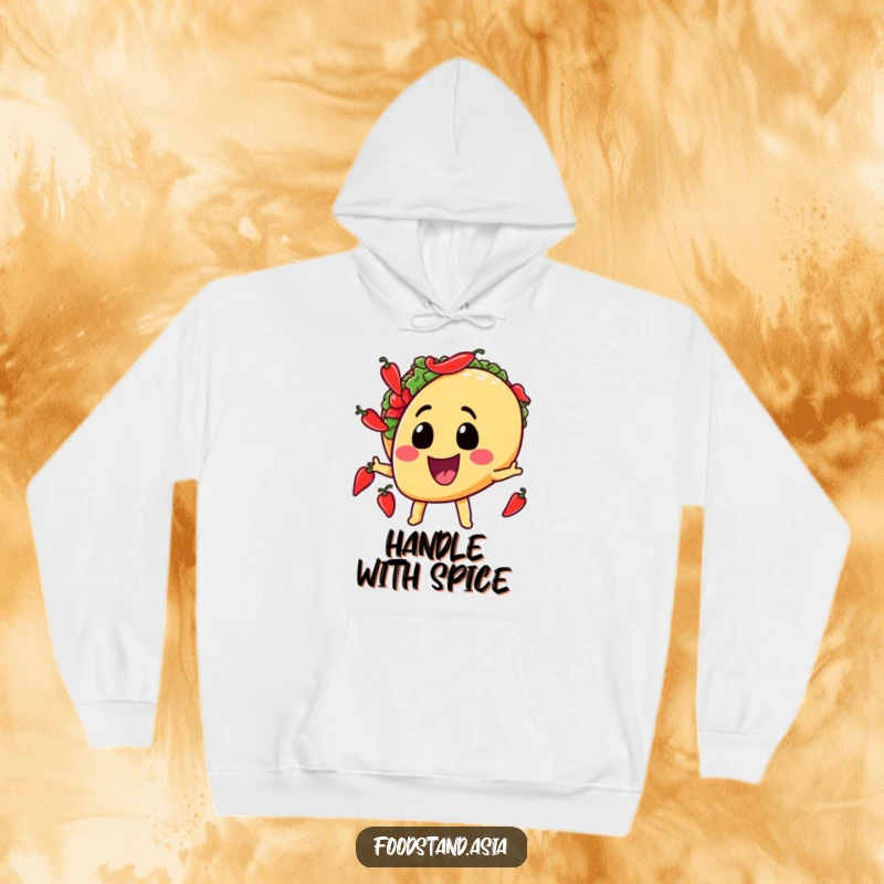 Funny hoodie featuring a grinning taco character expertly juggling miniature chili peppers, perfect for chilly days and warm laughs.