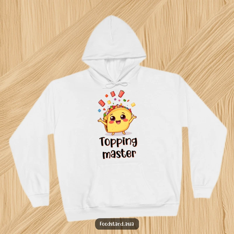 Funny cheerful taco with wide eyes, enthusiastically juggling colorful toppings, a cozy and humorous hoodie.