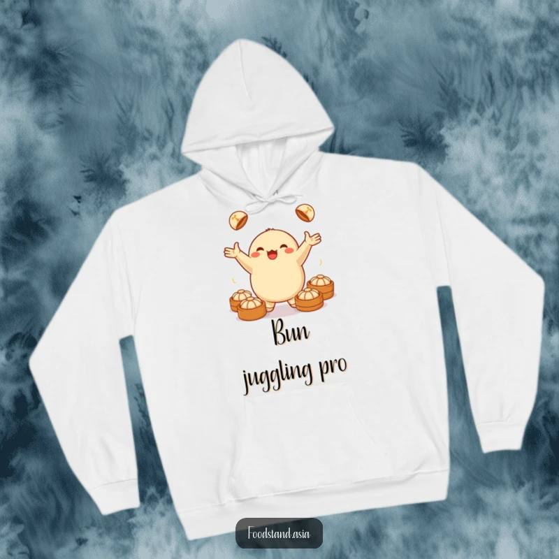 Funny hoodie depicting a jubilant dumpling juggling small steamed buns, offering warmth and a humorous culinary vibe.