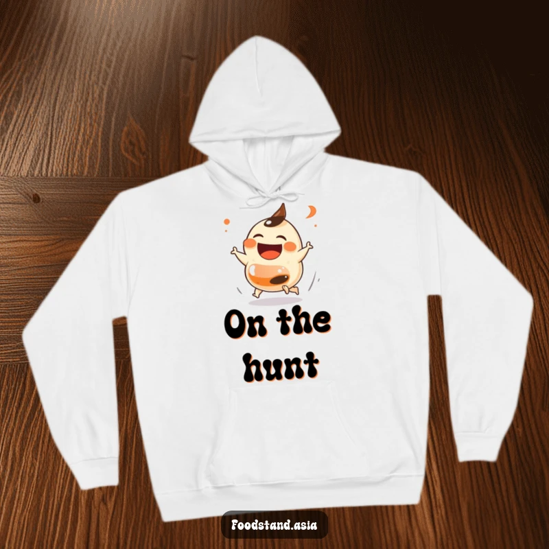 Funny Dumpling Chase Hoodie with a laughing dumpling on small feet playfully chasing a soy sauce bottle, offering warmth and dose of food humor, a lovely funny gift.
