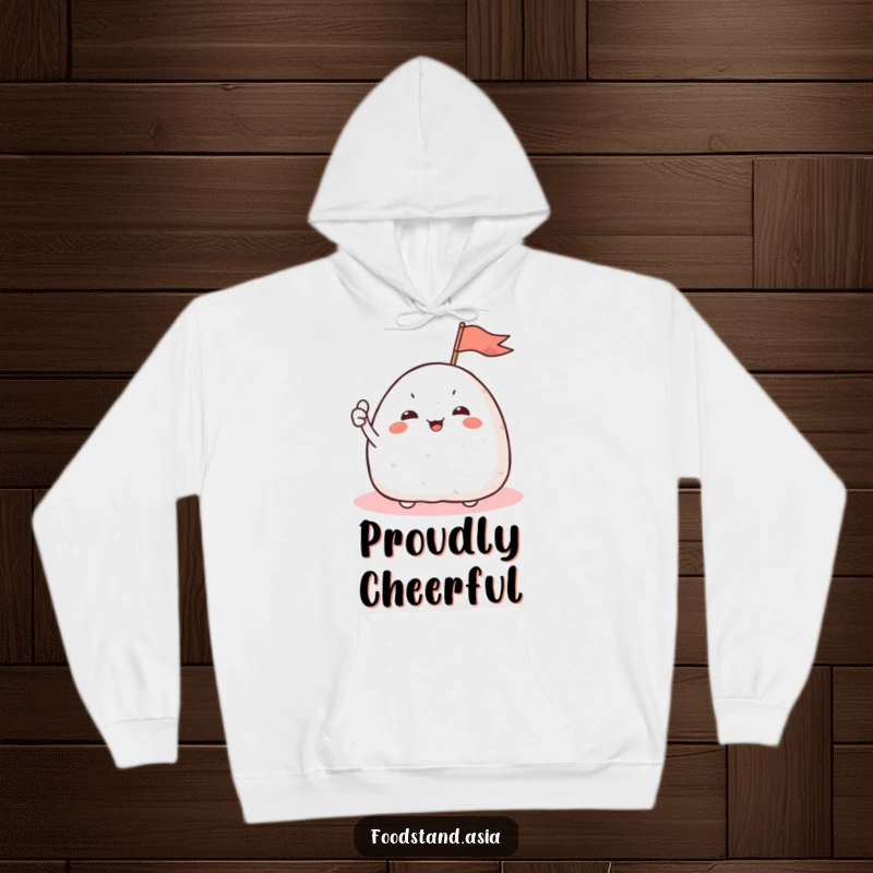 Funny Onigiri Flag Hoodie showing a giggling rice ball character with tiny arms waving a small flag, perfect for casual wear.