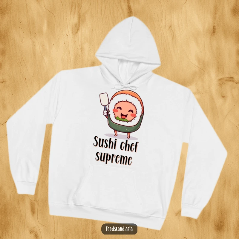 Funny smiling sushi roll with tiny legs, happily wielding a miniature spatula, a cozy and humorous hoodie.