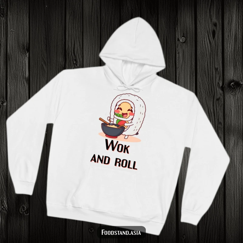 Funny Hoodie: A cheerful sushi roll character happily stirs a wok, offering humorous warmth and culinary vibes.
