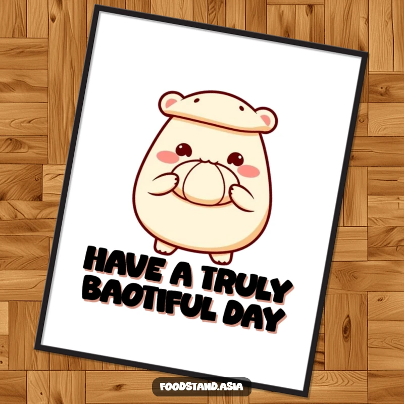 Funny Free Printable Wall Art: A delighted anthropomorphic bao bun with tiny hands offering a steamed bun.