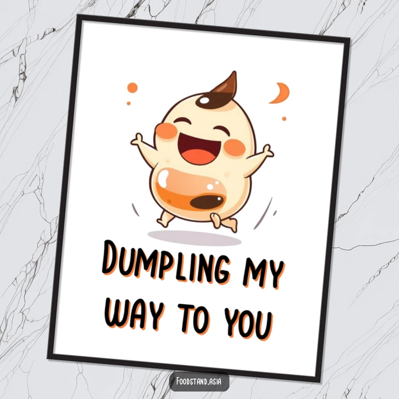 Funny Free Printable Wall Art: a laughing dumpling with small feet playfully chasing a soy sauce bottle.