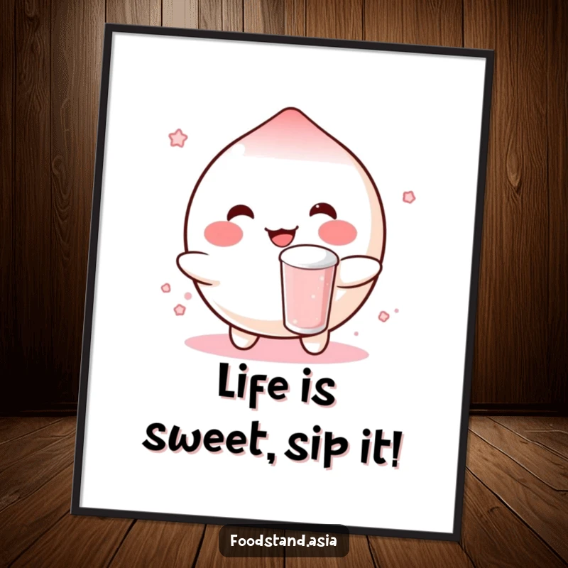 Funny Free Printable Wall Art of a happy mochi character with rosy blush, cheerfully bouncing a small boba drink.